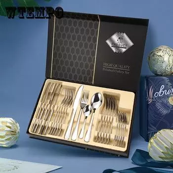24 шт. золотой набор посуды, набор посуды из нержавеющей стали, нож и вилка, ложка, роскошный матовый набор столовых приборов, кухонные столовые приборы серебряный
