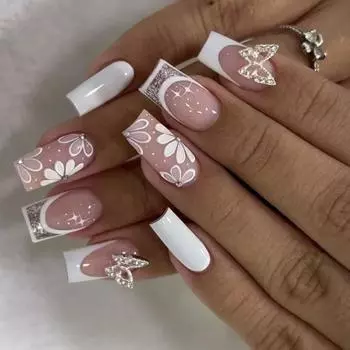 24 штуки Французский стиль 3D стразы Дизайн бабочки Белые цветочные накладные ногти Акриловые ногти для модных женщин