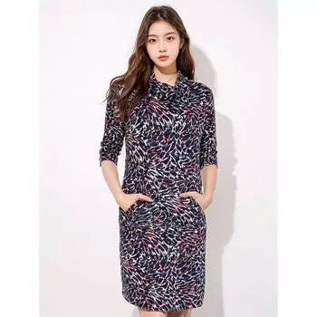 24 Spring New Terry Cotton Sunset Glow Print Dress Long Sleeve Kangaroo Pocket Half Turtleneck Casual Skirt Fashion plus Size Sunset Print S