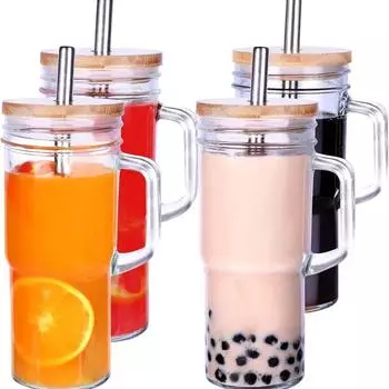 24 унции стакан для воды с соломинкой и крышкой, молочный чайный стакан, праздничные стаканы с соломинками, крышками, стеклянные, для питья, пузырькового пива, кофе со льдом, многоразовые поильники