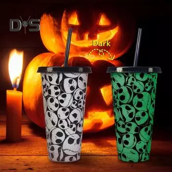 24 унции светящаяся чашка с черепом, меняющая цвет, многоразовая соломенная волшебная чашка для холодной воды на Хэллоуин с пряжкой, герметичная крышка для пищевых продуктов, идеальный подарок чёрный