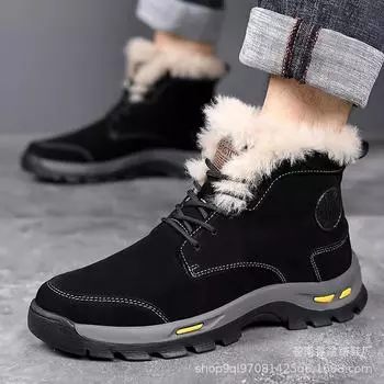 24 Winter cotton shoes men s trend fashion men s casual velvet warm thickened leather wool cold resistant spot 38 чёрный