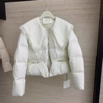 24 Зимняя Новинка Xiaoxiangfeng Дизайнерский Кукольный Воротник Кисточки Сращивание Маленький Короткий Пуховик Для Женщин S recommends within 60kg белый