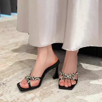 24L5 new high heels black temperament square head fairy rhinestone premium sandals woman 34