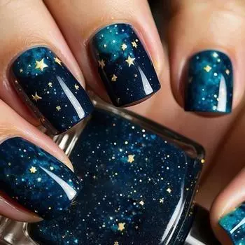 24Pcs Blue Press on Nail Short Square False Nail with Dark Blue Starry Sky Designs Glossy Stick on Nail for Women