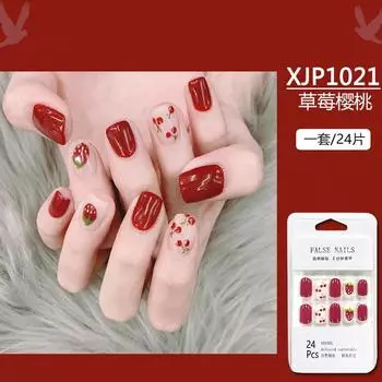 24PCS/box Fashionable Fruit flower Pattern Wearable Fake Nails Press on Short Oval Head Lady Full Cover Finished Fingernail 1202