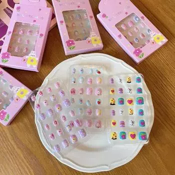 24 шт. детские накладные ногти для девочек, короткие искусственные накладные ногти, симпатичные, предварительно проклеенные, полное покрытие, акриловые типсы для ногтей