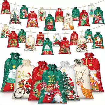 24pcs Christmas Arrival Calendar Bag Countdown Drawstring Bag Cloth Gift Bag Children s Candy Hanging Bag Christmas Decoration Bag 24pcs