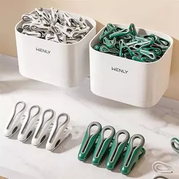 24pcs Clothes Pins With Storage Basket Plastic Laundry Hanging Pegs Clips Household Food Clip Socks Underwear Rack Holder