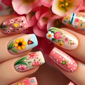 24Pcs Flower Press on Nail Medium Ballet Shaped False Nail Artificial Acrylic Nail Floral Pattern Glossy Stick on Nail