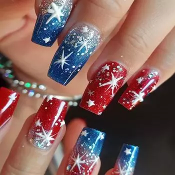 24Pcs Independence Day Press On Nail Ballet False Nail with Star Designs Glitters Artificial Nail For Women And Girls