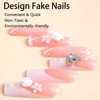 24Pcs Manicure Nails Long Square Charm Bow Designs Extra Long French Rhinestone FALSE Nails
