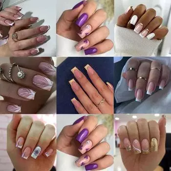 24pcs Manicure Purple Love Heart Fake Nials DIY False Nails French Long Square White Edge W492
