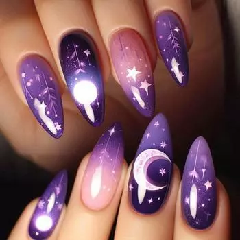 24Pcs Medium Teardrop Press On Nail Winter Gradient Starlit Full Cover False Nail Manicure Nail Decors for Women Girls