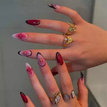 24PCS Retro Red Blush Gradient French False Nail Set Sweet Cool Flower Almond Fake Nails for Women Wearable Luxury Nail Tips Art