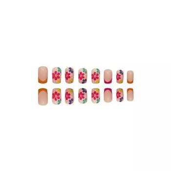 24Pcs/set Press on Nails Short French Fake Nails Square False Nails with Flower Full Cover Stick on Nail for Women 7
