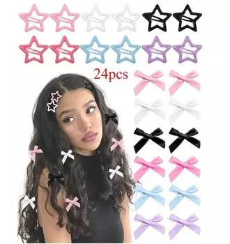 24pcs/set Y2KMini Star Metal Hair Clips 3 Colors Ribbon Hair Bow Clips for Women Girls Sweet Bowknot Barrettes Hair Accessories