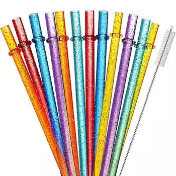 24pcs Shimmering Glitter Reusable Plastic Straws BPA-Free Beverage Straw With Cleaning Brush Unbreakable Straw set for Party Bar