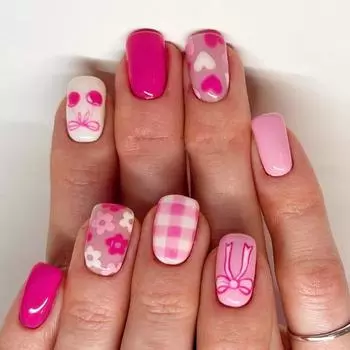 24pcs Short Square Press on Nail Glossy Colorful Flower Acrylic Nail Stick On Nail For Women And Girls DIY Manicure