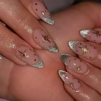 24PCS Simple Golden Moon Star Patterns White French False Nails in Style Almond Fake Nails for Women Acrylic Wearable Nail Tips