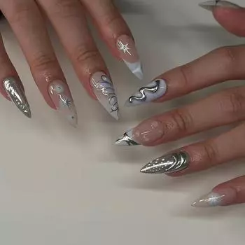 24PCS Simple Nude Almond Fake Nail with Glue Silver Star Patterns French Press on Nail Full Cover Ins Style Wearable False Nail