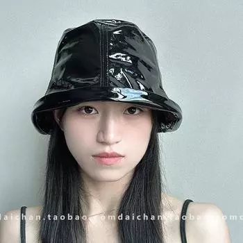 24S осень и зима, уникальная нишевая шляпа-ведро из глянцевой лакированной кожи, мягкая искусственная кожа, длинная спереди и короткая сзади, шляпа с леопардовым принтом M56-58cm чёрный