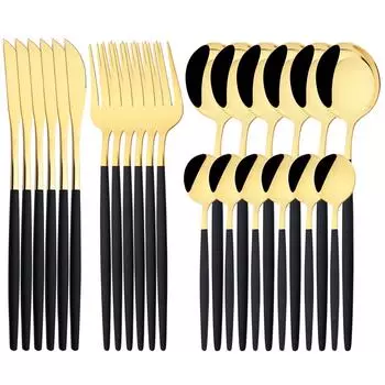 24 шт., набор столовых приборов из черного золота, набор столовых приборов из нержавеющей стали в стиле вестерн, зеркало, серебро, нож, вилка, ложка, столовые приборы, набор столовых приборов, можно мыть в посудомоечной машине серебряный