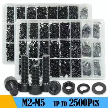 2500p Black Steel Socket Head Hex Round Cap Screws Set M2 M3 M4 M5 M6 Grade 12.9 DIN912 Allen Bolts Nuts Washer Assortment Kit