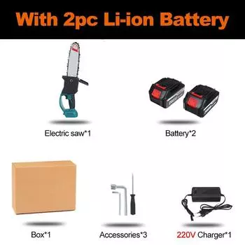 2500W Brushless Electric Chain Saw 10 Inches Rechargable Garden Woodworking Power Tools Wood Cutter For 18V Battery 2*Batteries