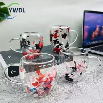 250/350 мл Двойная стенка Кофейная кружка с ручками Прозрачные молочные стаканы Подарки Высокое боросиликатное стекло Наполнение чашки Имитация цветов Чайная чашка 250-350ml
