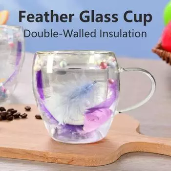 250/350 мл стеклянная чашка с рисунком перьев, двухстенная кофейная чашка, прозрачная термостойкая стеклянная кружка для дома и офиса, изысканная чайная чашка 301-400ml