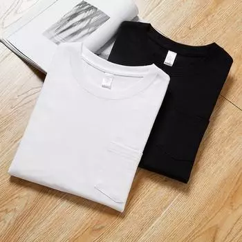 250 г. Чисто белая базовая футболка с карманами. Черный хлопковый свободный повседневный мужской топ с короткими рукавами. XS белый