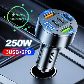 250 Вт 5 портов автомобильное зарядное устройство быстрая зарядка PD QC3.0 USB C автомобильное зарядное устройство для телефона адаптер с напряжением для iPhone Samsung Huawei Xiaomi