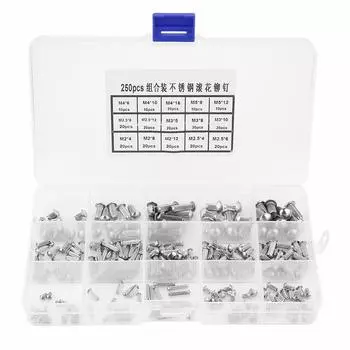 250pcs M2M5 Stainless Steel Round Head Knurled Shank Solid Rivets Assortment Set