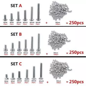 250шт М3(3mm) Болты из нержавеющей стали A2 с шестигранными гайками, набор винтов в ассортименте Set A Button Head
