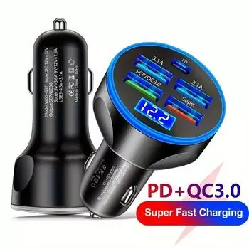 250W 5in1 Car Charger Adapter USB Type C PD Fast Charging Quick Charge LED Digital Display Mobile Phone for Iphone Xiaomi Huawei Black
