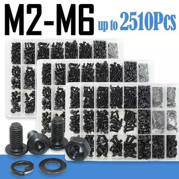 2510p Комплект винтов с шестигранной головкой и полукруглой головкой M2 M2.5 M3 M4 M5 M6, черные винты с шестигранной головкой класса 10.9, болты с гайками и шайбами ISO7380