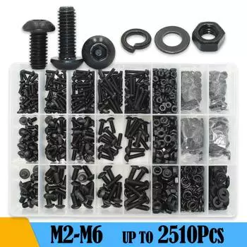 2510p Round Hex Cap Screw M2 M2.5 M3 M4 M6 Grade10.9 Hex Socket Round Button Head Allen Drive Screws ISO7380 Bolt Nut Washer kit