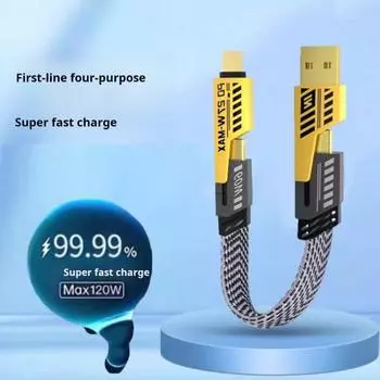 25/100/150/200 СМ Зарядный кабель 4-в-1 PD 65 Вт USB Type-C 8-контактный портативный портативный мобильный телефон с быстрой зарядкой для планшета Плетеный кабель для передачи данных Проводной шнур Аксессуары для телефонов S чёрный