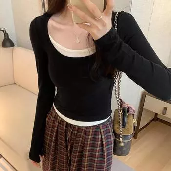 25/5000 Женская футболка с квадратным воротником в стиле пэчворк, имитация двухкомпонентного джемпера, весенний контраст, длинные рукава для омоложения S