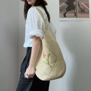 25 New Hand-Woven Bucket Bag Flower Tote Bag Vacation Travel All-Match Shoulder Bag Fashion Big Bag Women s Bag Beige White