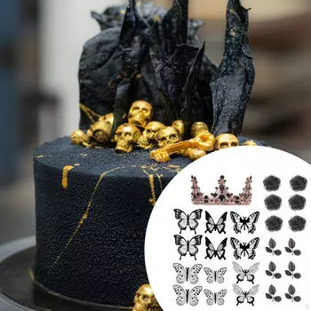 25 Pieces Halloween Flower Cake Topper Crown Black Rose Butterfly Toppers for Friends and