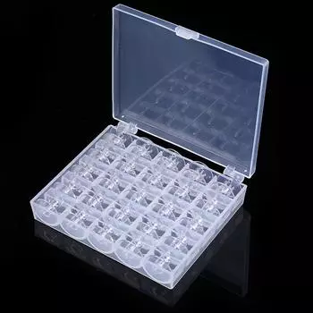 25 прозрачных пластиковых катушек для швейной машины + коробка для ниток