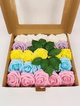 25 шт., 8 см, настоящие розы из пенопласта со стеблями, искусственный цветок для свадебных букетов своими руками, украшения для свадебных вечеринок, столов разноцветный