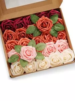 25 шт. искусственные цветы, настоящие розы, цвета омбре, пенопластовые поддельные розы со стеблями для свадебных букетов своими руками, цветочные праздничные столы, украшения для дома оранжевый