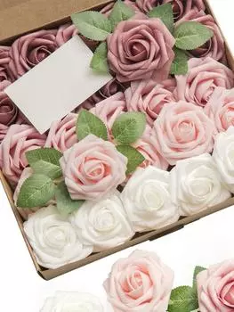25 шт. искусственные розы, головки цветов, настоящие искусственные розы со стеблем для свадебных букетов своими руками, центральные композиции, украшения для дома для вечеринок розовый