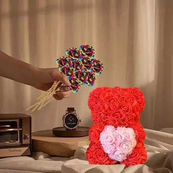 25 см Цветочный медведь, ручная работа, плюшевый медведь из роз с прозрачной подарочной коробкой, 10 шт. разноцветных роз из золотой фольги, лучшие искусственные украшения, подарки красный
