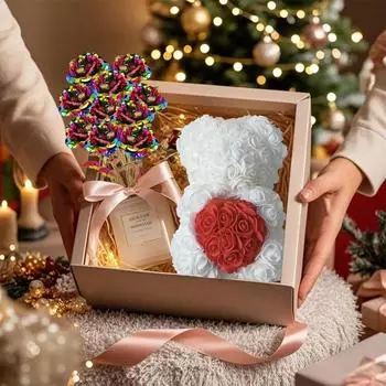 25 см Медведь-роза ручной работы, плюшевый медведь из роз с прозрачной подарочной коробкой с 10 шт. разноцветных роз из золотой фольги, лучшие подарки для искусственного украшения красный