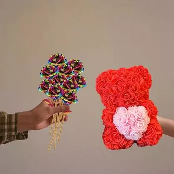 25 см плюшевый мишка из роз ручной работы с прозрачной подарочной коробкой, мишка из роз с 10 цветными розами из золотой фольги, лучшие подарки с искусственным украшением красный