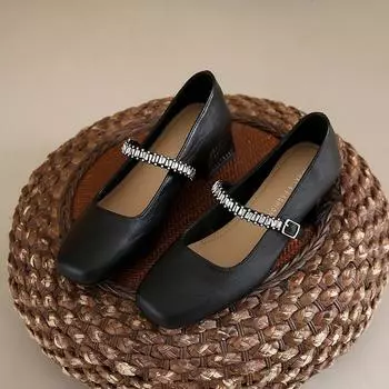 25 summer new temperament rhinestone single shoes square head retro Mary Jane shoes thick heel elegant with skirt 34